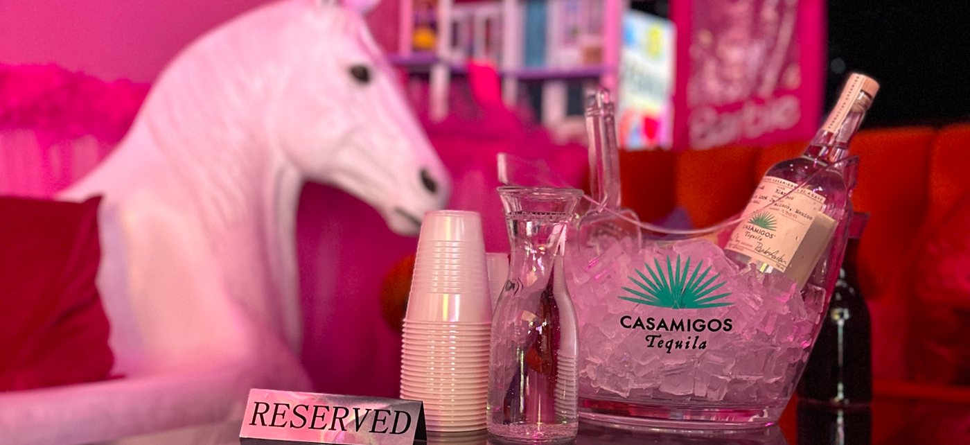 Pink Barbie-themed bottle service booth at The Nerd in Las Vegas