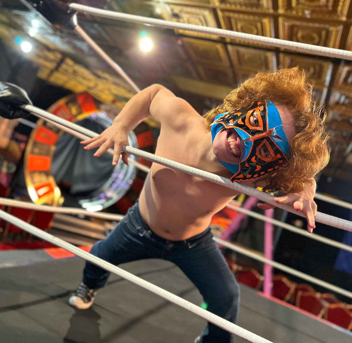 Masked wrestler in the ring during a live midget wrestling show at The Nerd in Las Vegas