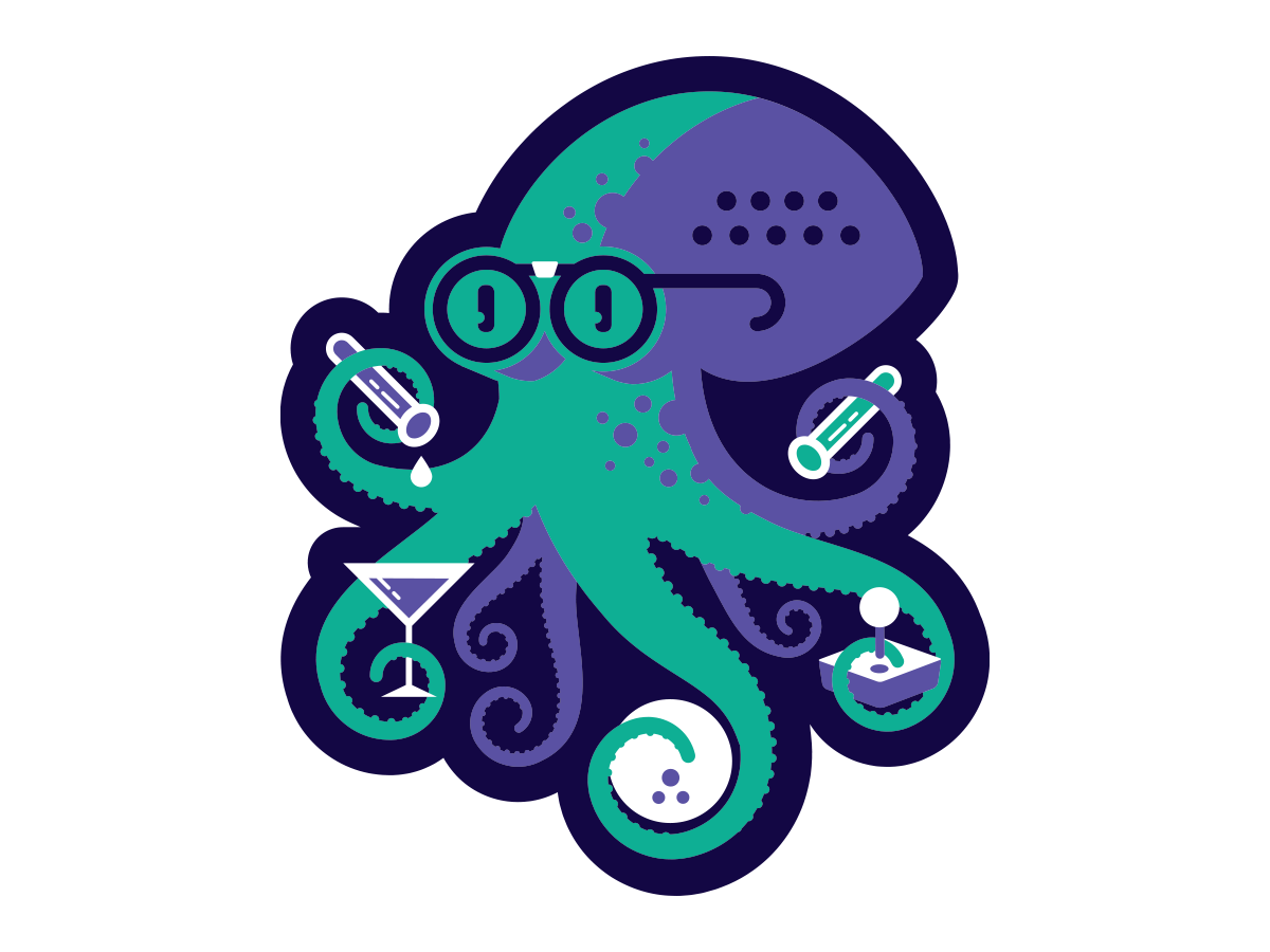 The Nerd mascot — an octopus in nerd glasses holding a martini, joystick and bowling ball